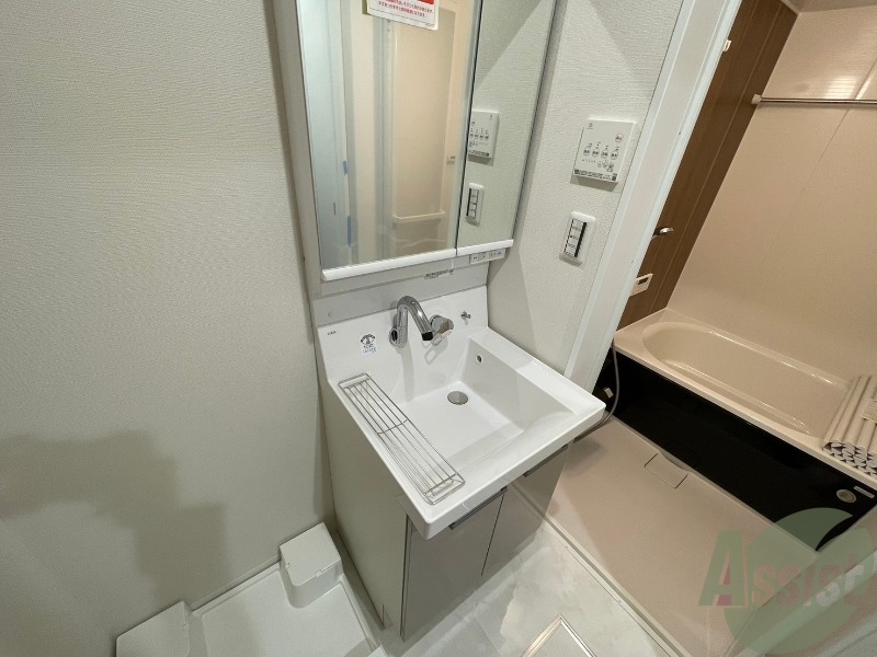 洗面設備　こちら独立洗面台でございます。扉の後ろに収納も可能です。