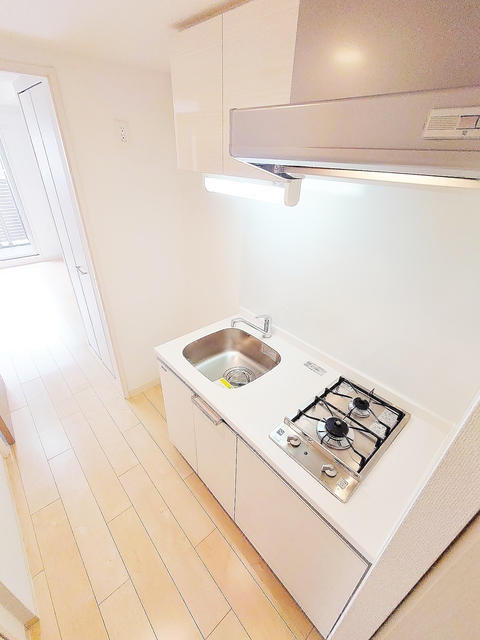 キッチン　２口ガスキッチン・横に冷蔵庫置き場あり