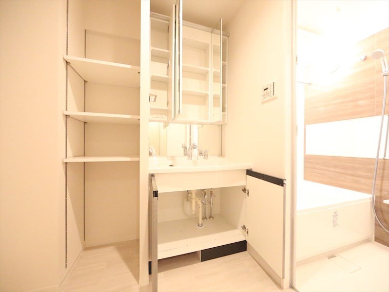 洗面設備　脱衣所　独立洗面台（シャンプードレッサー付）収納スペース有