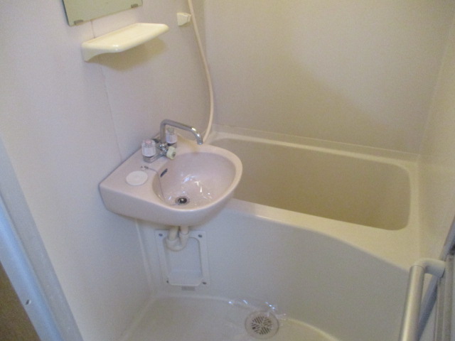 バス・シャワールーム　浴室に洗面ボウル付き。
