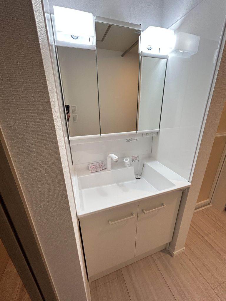 洗面設備　洗面化粧台は3面鏡でシャンプードレッサー付