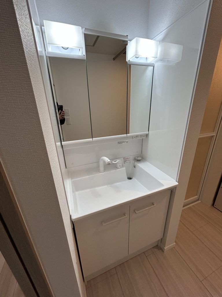 洗面設備　洗面化粧台は3面鏡でシャンプードレッサー付