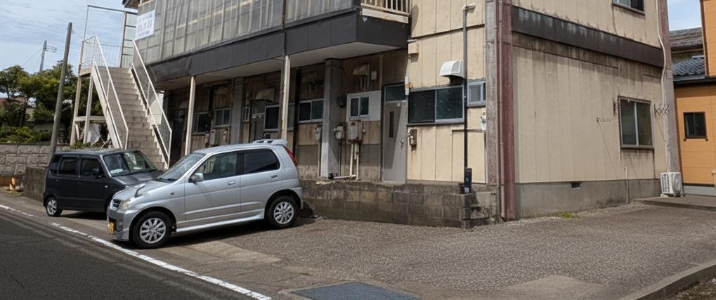 駐車場　アパート前面の駐車場。道路の向かいに町営駐車場もあり