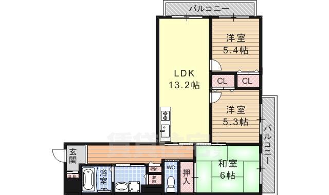 京都市山科区四ノ宮中在寺町のマンションの間取り