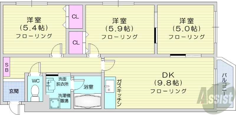 札幌市中央区南十八条西のマンションの間取り