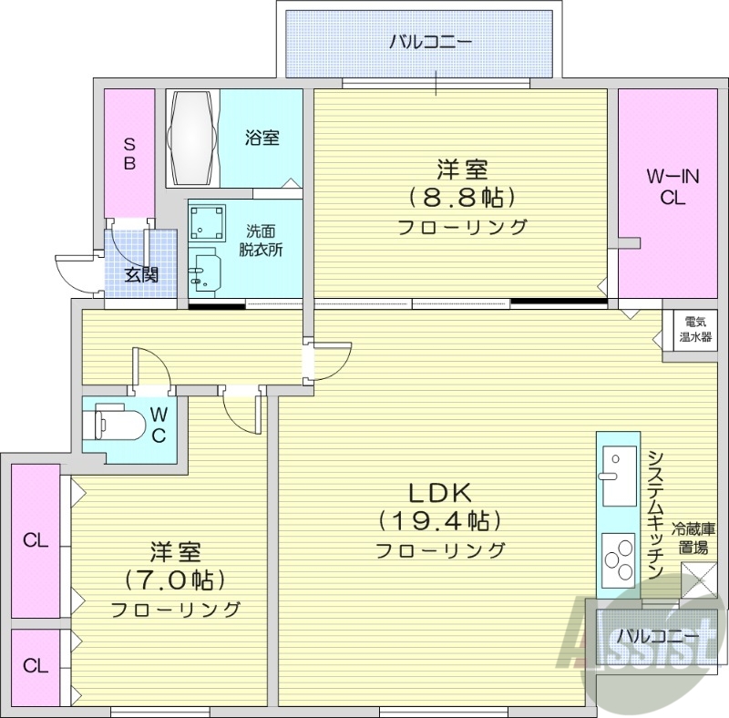 【札幌市中央区南二十二条西のマンションの間取り】