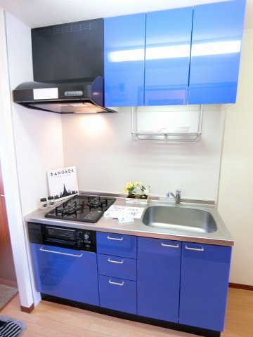 キッチン　ブルーを基調としたシステムキッチンです☆場所を取るお鍋やお皿