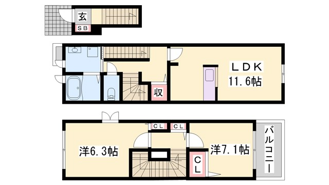 姫路市花田町小川のアパートの間取り