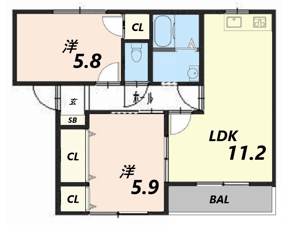 姫路市飾磨区付城のアパートの間取り