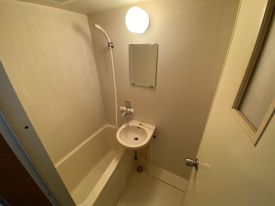 バス・シャワールーム　洗面台と鏡付きの浴室です