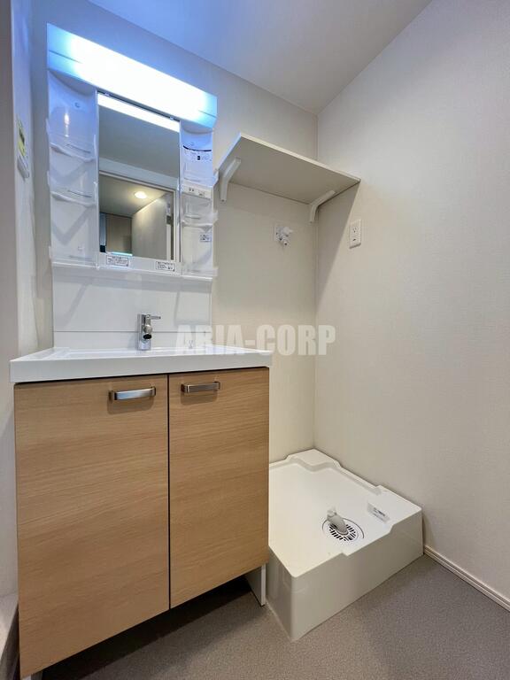 洗面設備　独立洗面台はシャワーヘッドタイプで洗髪や手入れに◎です