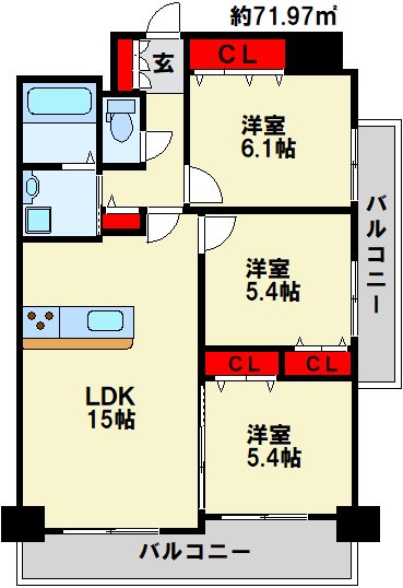 グランシャリオ三萩野の間取り