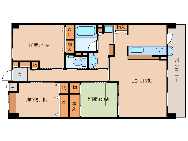 奈良市西大寺東町のマンションの間取り