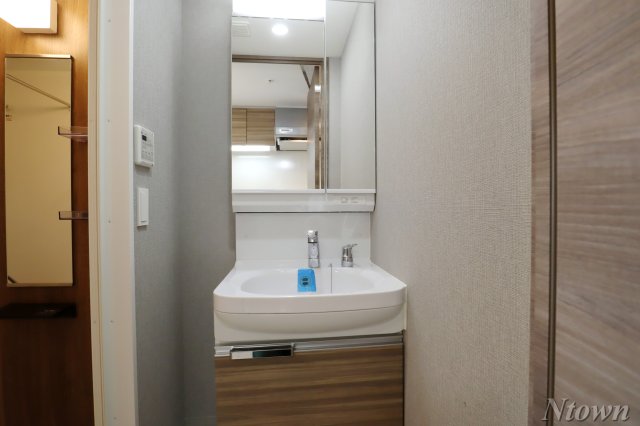 洗面設備　独立洗面台、小物を置くことができて便利です
