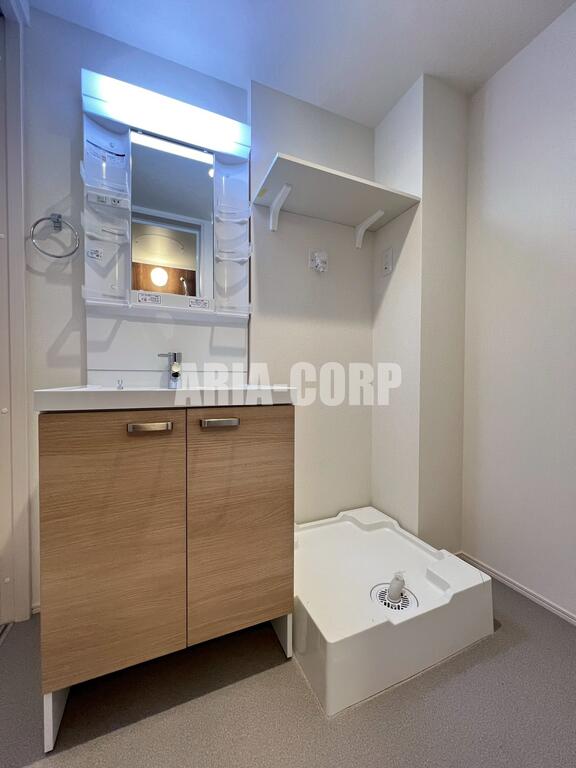 洗面設備　独立洗面台、シャワーヘッドタイプで洗髪や手入れに◎です