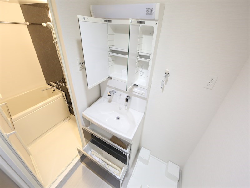 洗面設備　脱衣所　独立洗面台（シャンプードレッサー付）収納スペース有