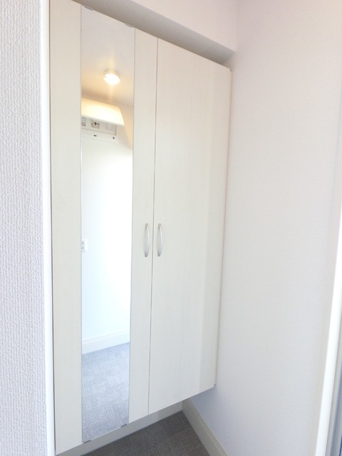 玄関　広めのＢｏｘは収納力ばっちり。トールタイプのミラーついてます