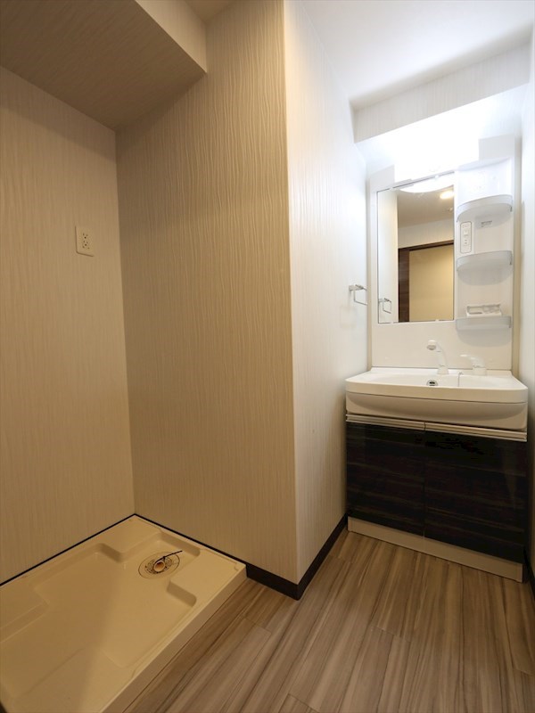 洗面設備　脱衣所　独立洗面台（シャンプードレッサー付）収納スペース有