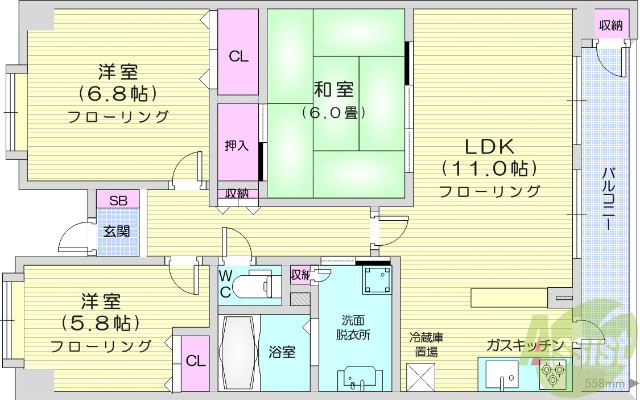 仙台市青葉区木町通のマンションの間取り