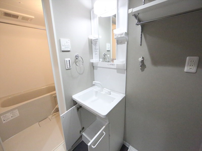 洗面設備　脱衣所　独立洗面台（シャンプードレッサー付）収納スペース有