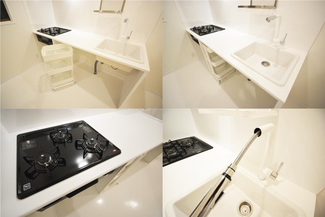 キッチン　３口ガスコンロ付のキッチン。シャワーノズルが伸びて便利。