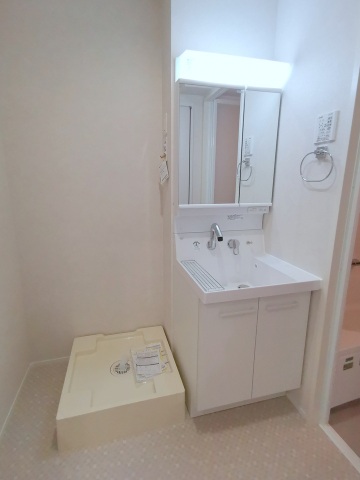 洗面設備　シャンドレ付き洗面化粧台と室内洗濯機置き場