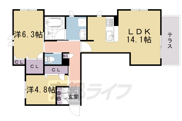 京都市右京区太秦開日町のアパートの間取り