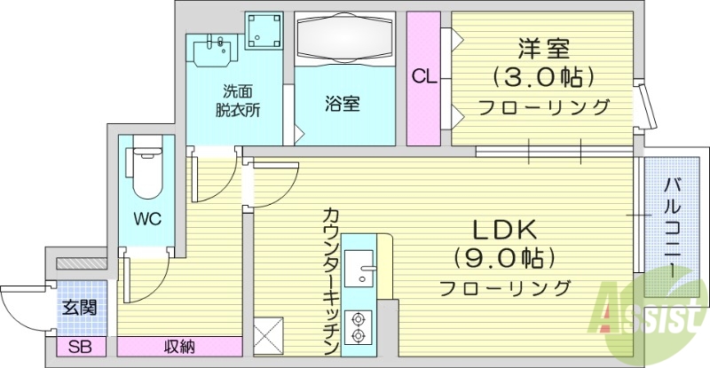 仙台市若林区二軒茶屋のアパートの間取り