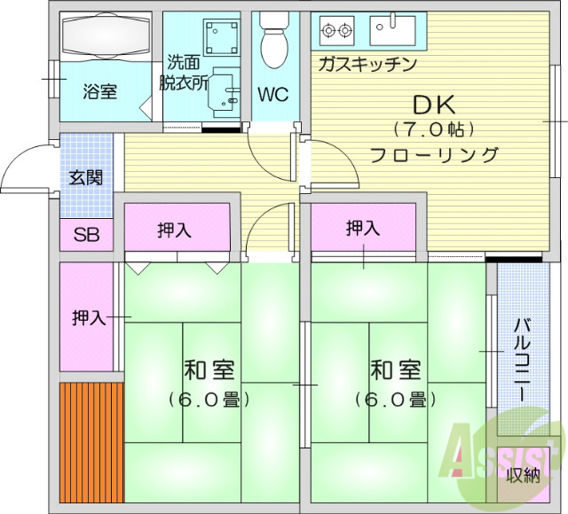 仙台市若林区かすみ町のアパートの間取り