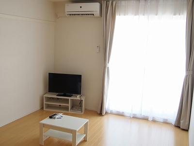 居室・リビング　カーテンやテーブル、テレビも備え付けです