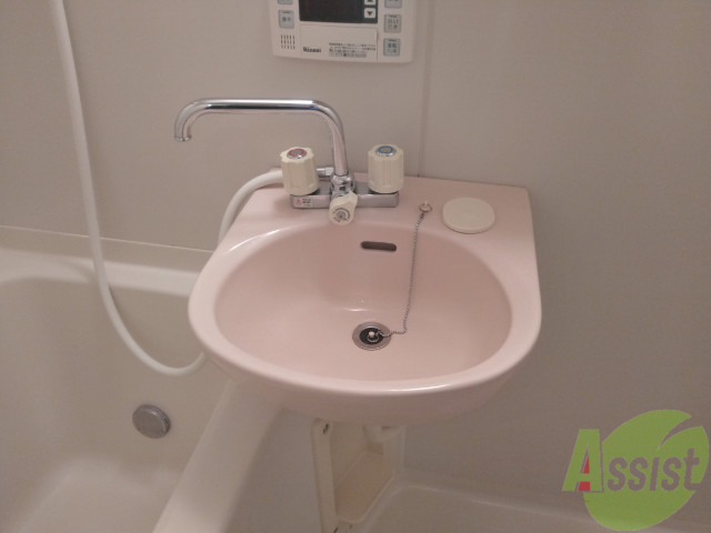 洗面設備　お風呂に入りながらここも掃除できちゃいますね。