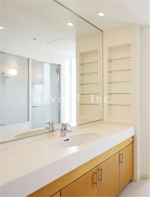 洗面設備　大きな鏡の収納も充実した洗面台でございます