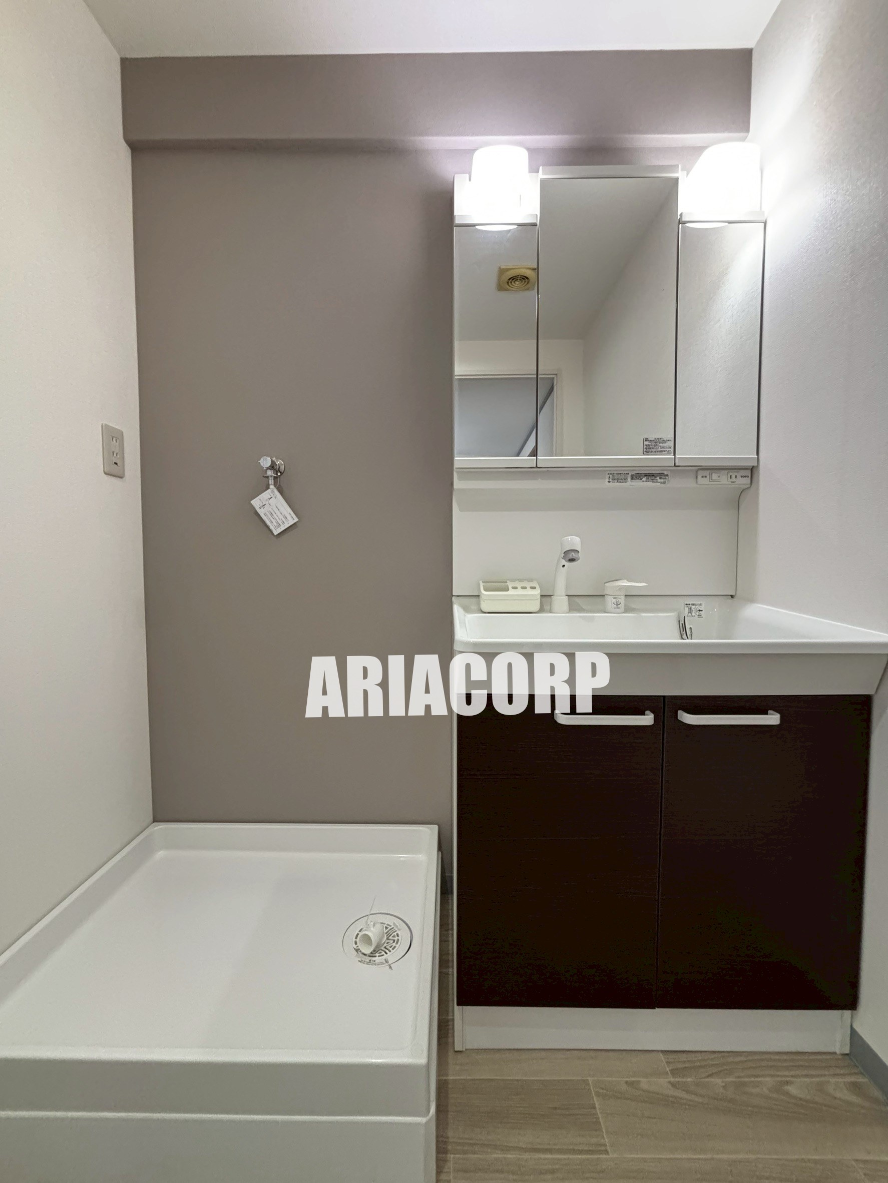 洗面設備　シャンプードレッサー付三面鏡付洗面台でございます。