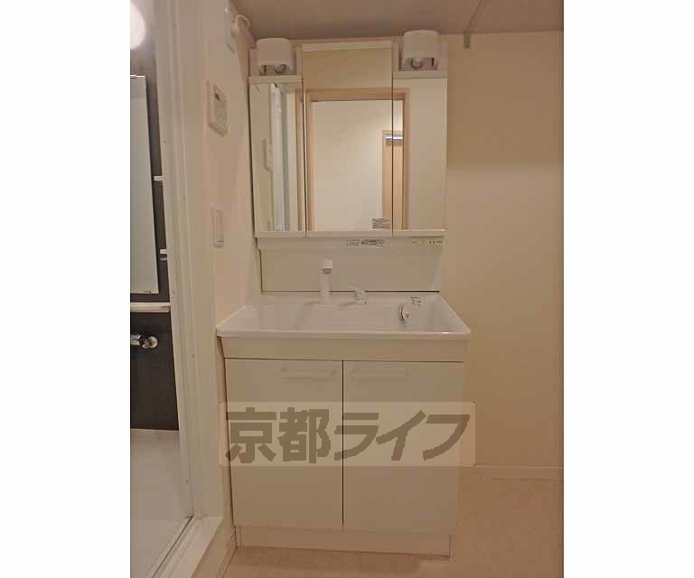 洗面設備　３面鏡の独立シャワー洗面台です。