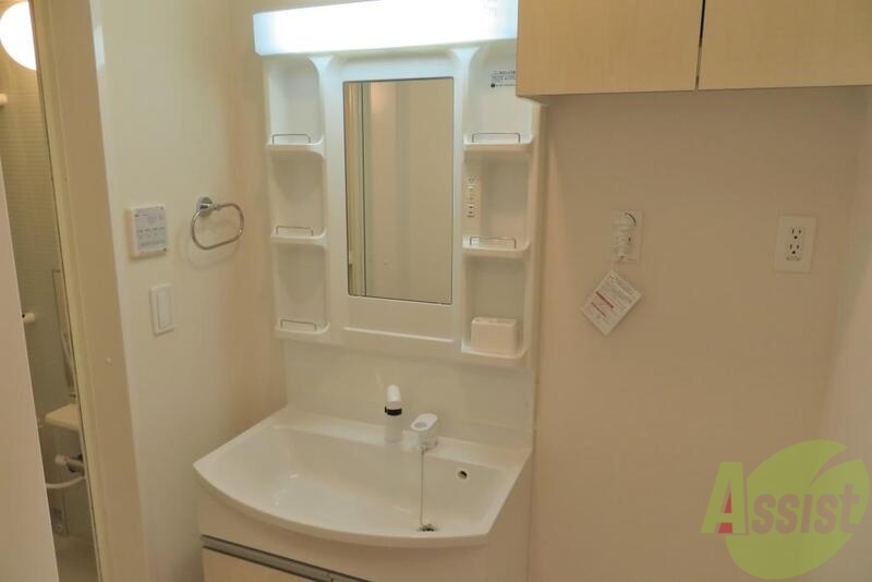 洗面設備　シャワー付洗面化粧台で朝の身支度も楽々です。