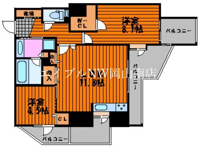 岡山市北区平和町のマンションの間取り