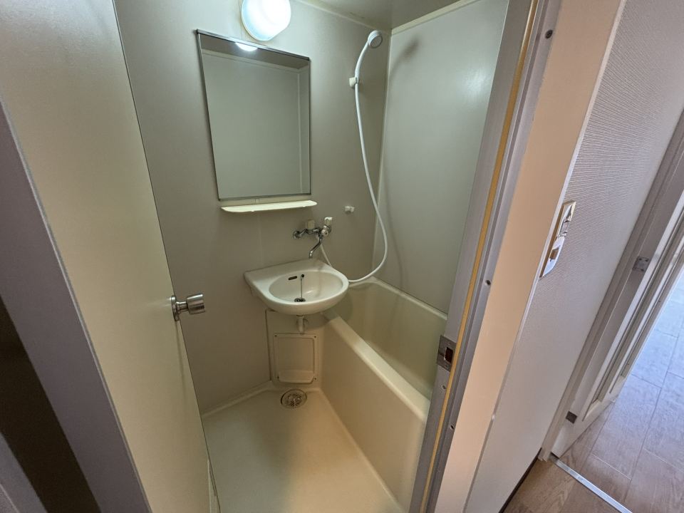 バス・シャワールーム　洗面台と鏡付きの浴室です