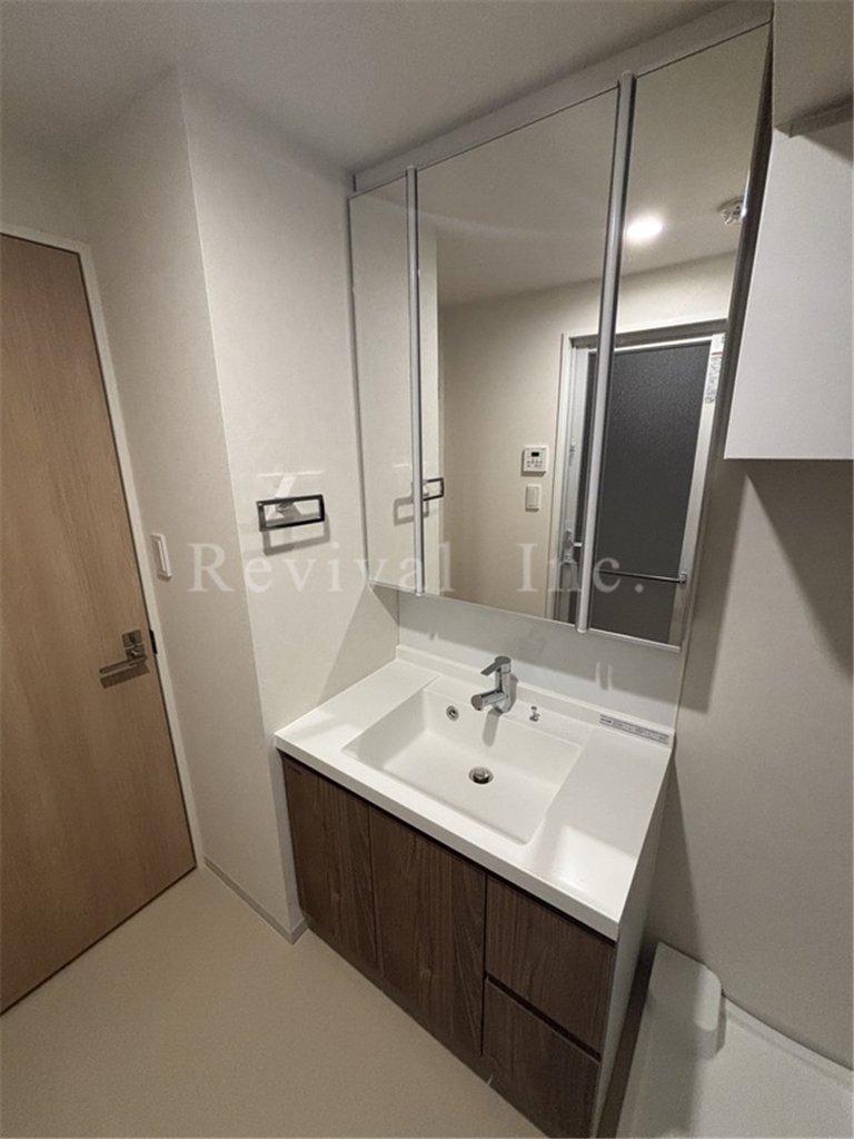 洗面設備　大き目の鏡面でございます