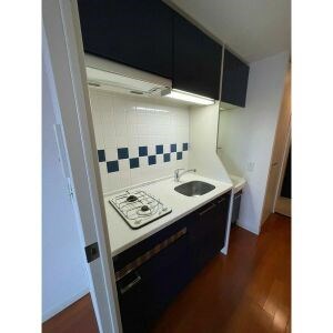 キッチン　キッチン　ガスコンロ2口　収納棚有　ミニ冷蔵庫付