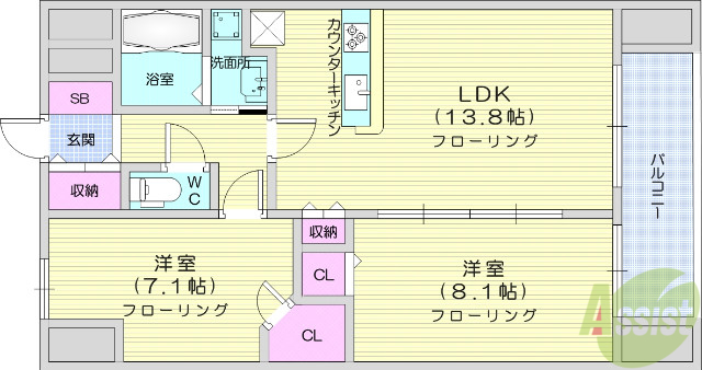 仙台市宮城野区苦竹のマンションの間取り