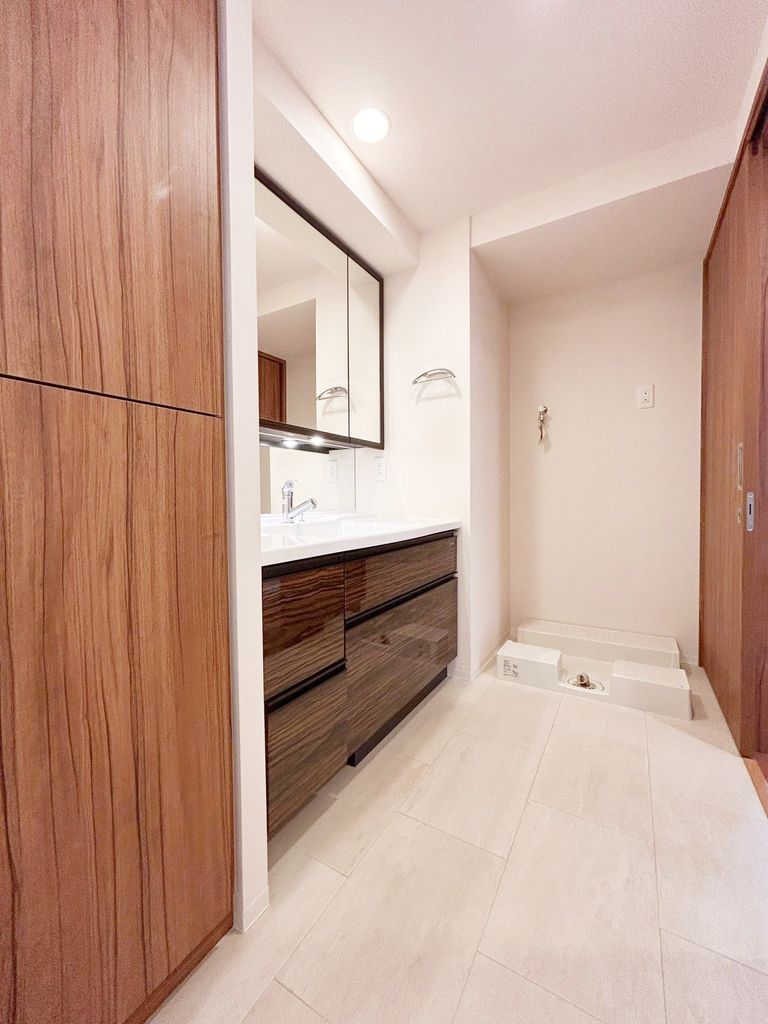 洗面設備　洗面室内、洗濯機置場方向