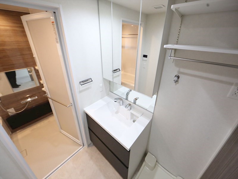 洗面設備　脱衣所　独立洗面台（シャンプードレッサー付）収納スペース有