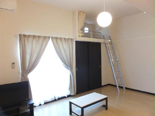 居室・リビング　ロフトの下はたっぷり入るクローゼット。左下：大型ＴＶ。