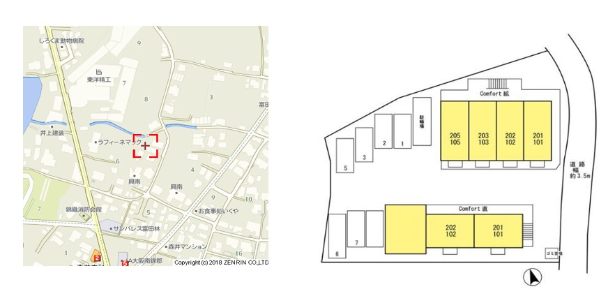 駐車場　「コンフォート紘」、現地待ち合わせでのご案内も可能です。