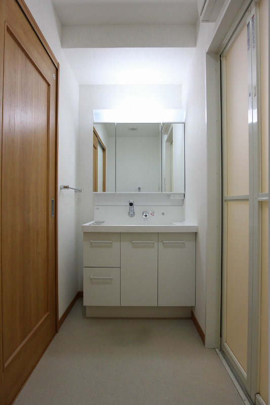 洗面設備　三面鏡のシステムドレッサー、洗濯機置き場も中にあります。