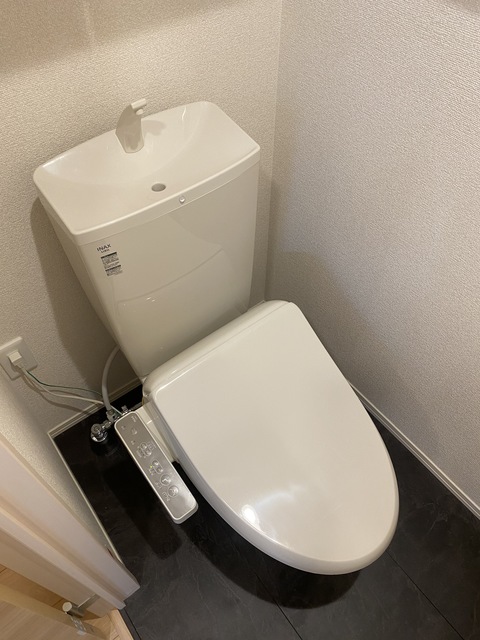 トイレ　シャワートイレ完備。収納棚あります