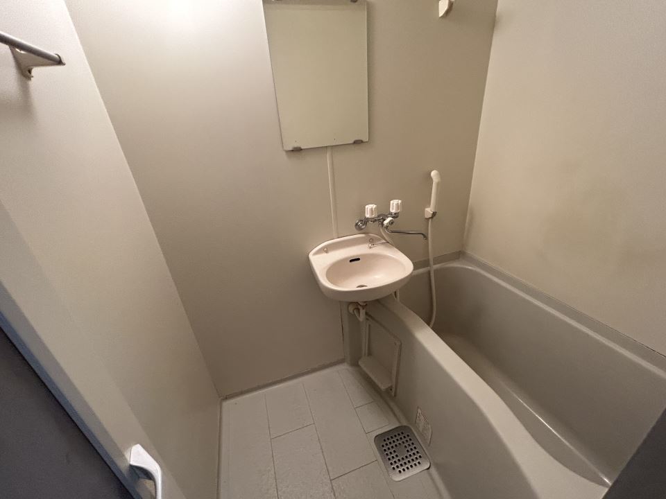 バス・シャワールーム　洗面台と鏡付きの浴室です