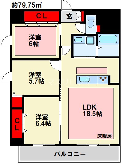 北九州市小倉北区田町のマンションの間取り