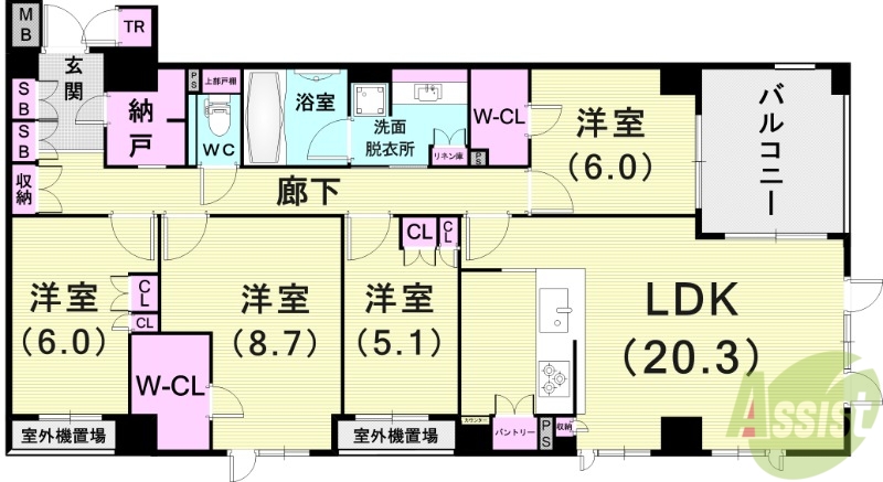 芦屋市朝日ケ丘町のマンションの間取り