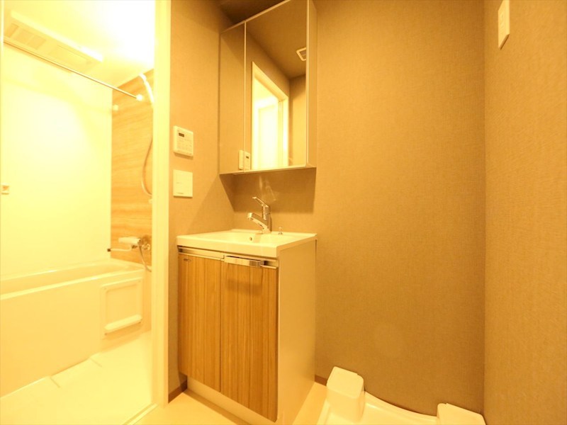 洗面設備　脱衣所　独立洗面台（シャンプードレッサー付）収納スペース有